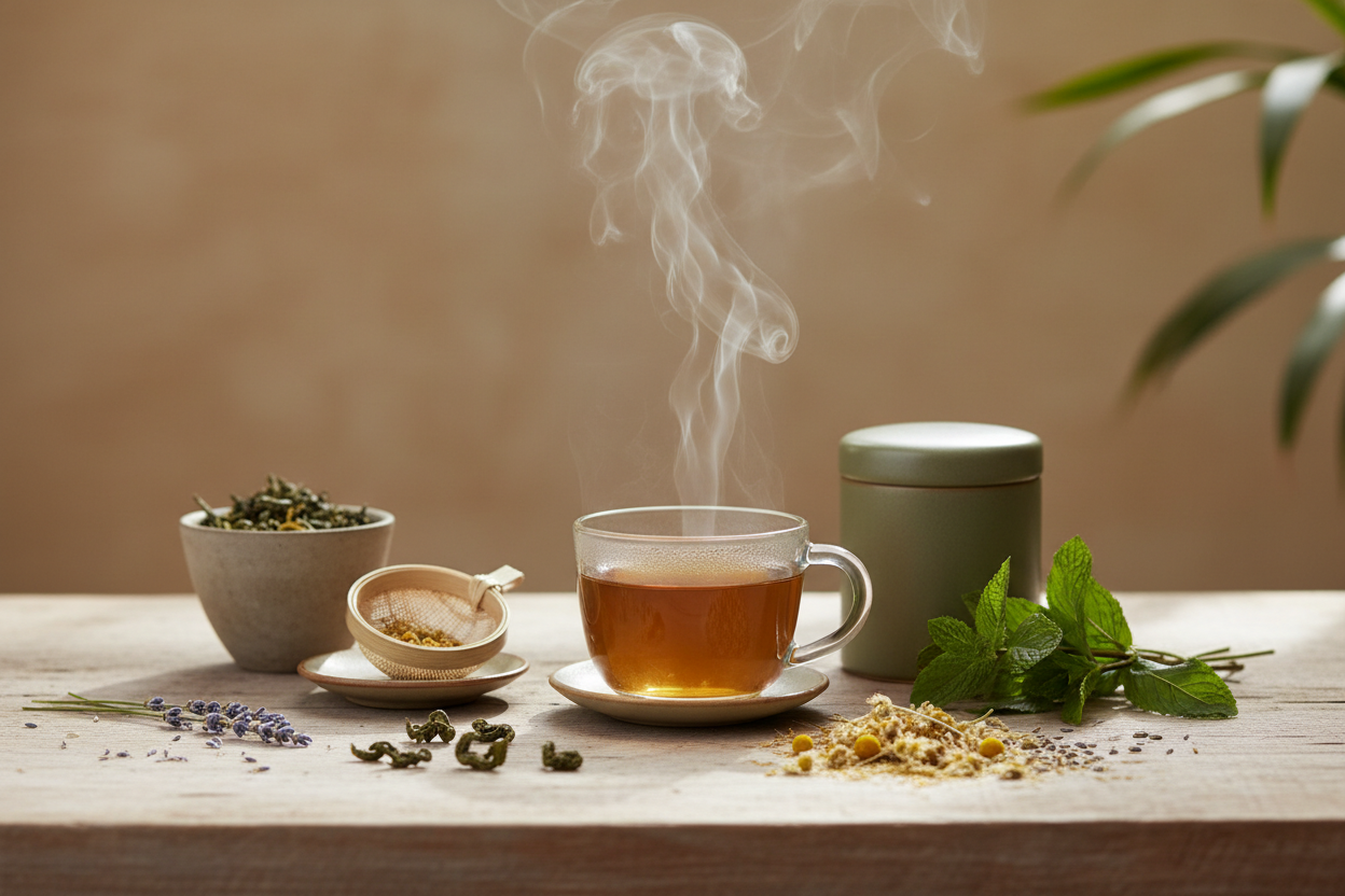 A calming, minimalist tea collection scene. Soft natural lighting with gentle green and earthy tones. Include subtle hints such as loose-leaf tea scattered neatly, a glass teacup with rising steam, and natural elements like a tea strainer or fresh herbs.