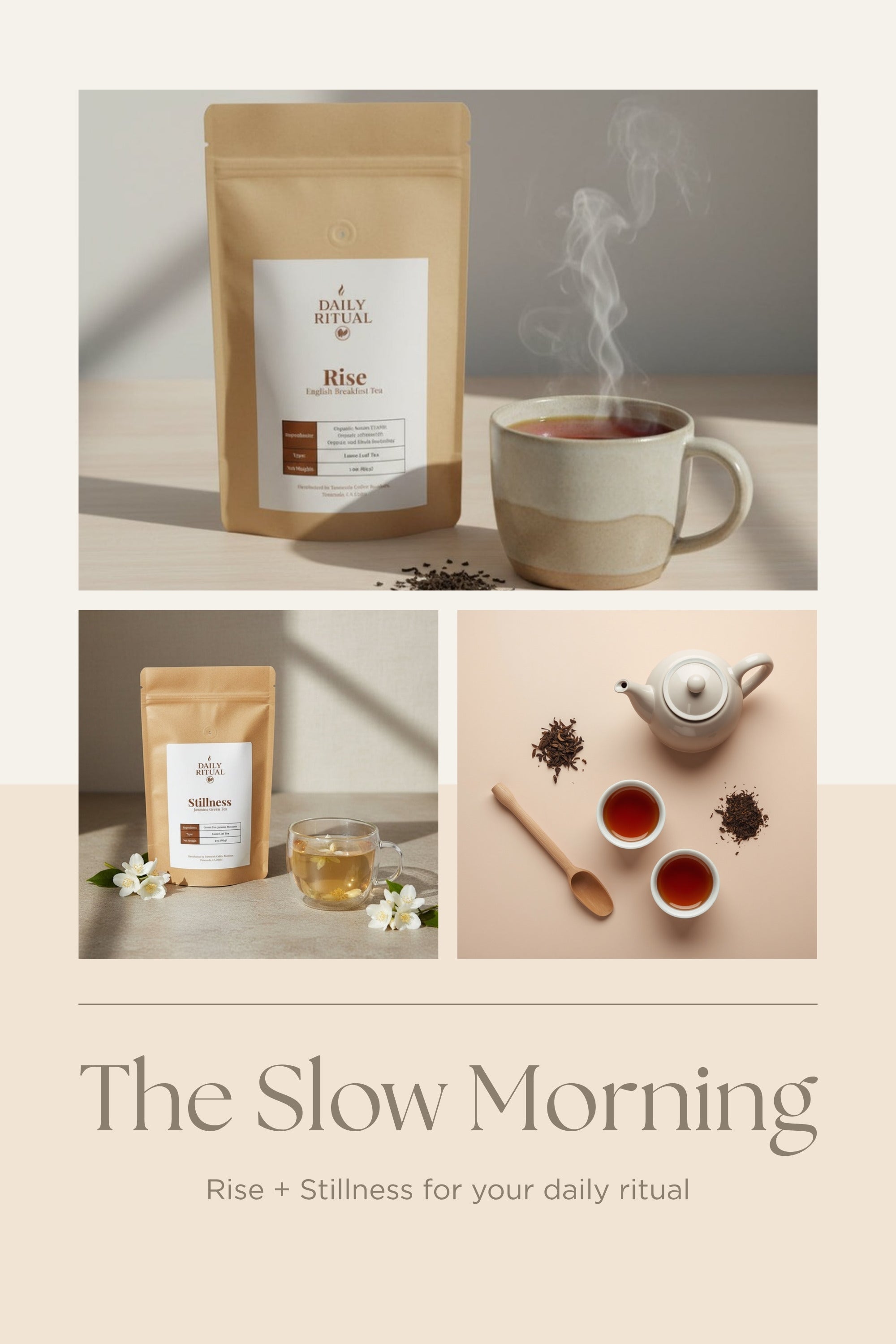 The Slow Morning tea bundle by Daily Ritual, Rise black tea and Stillness jasmine tea loose leaf pouches