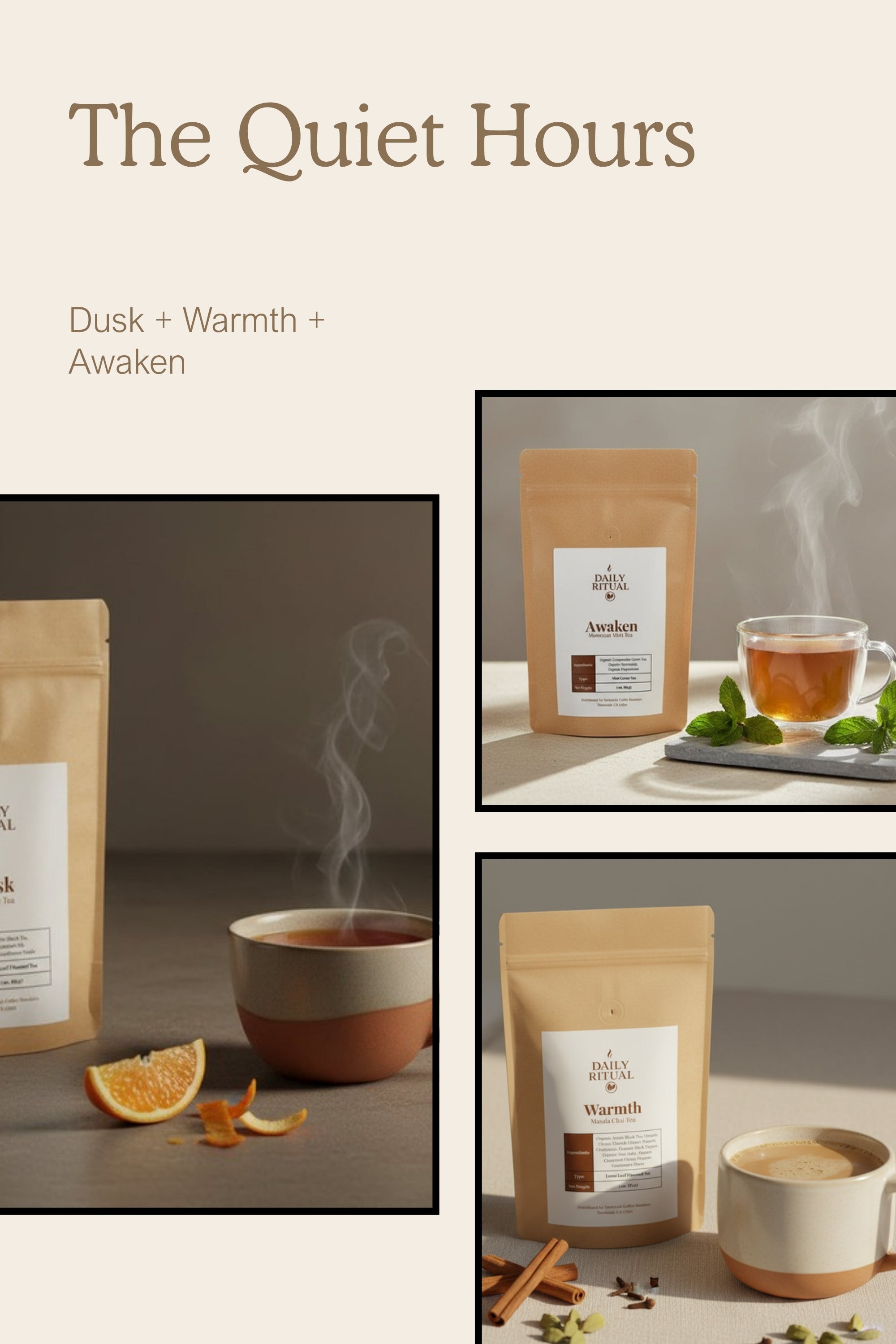 The Quiet Hours tea bundle by Daily Ritual, Dusk Earl Grey, Warmth masala chai and Awaken mint loose leaf pouches