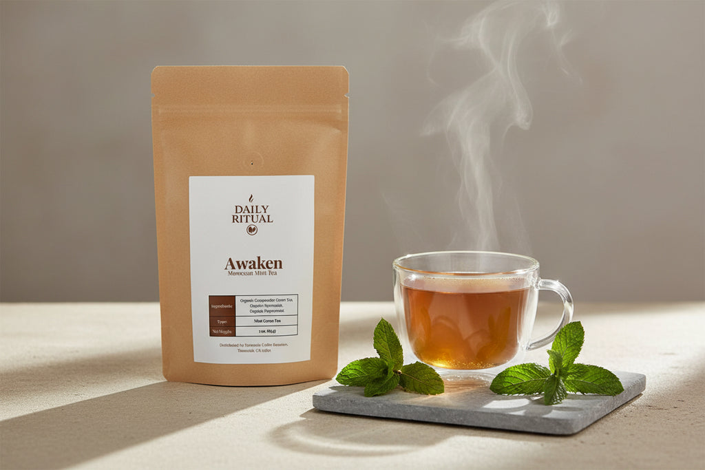 Kraft paper tea bag with a label on a white background