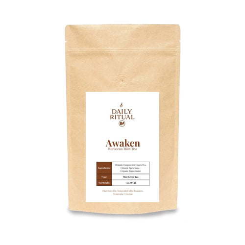 Kraft paper tea bag with a label on a white background