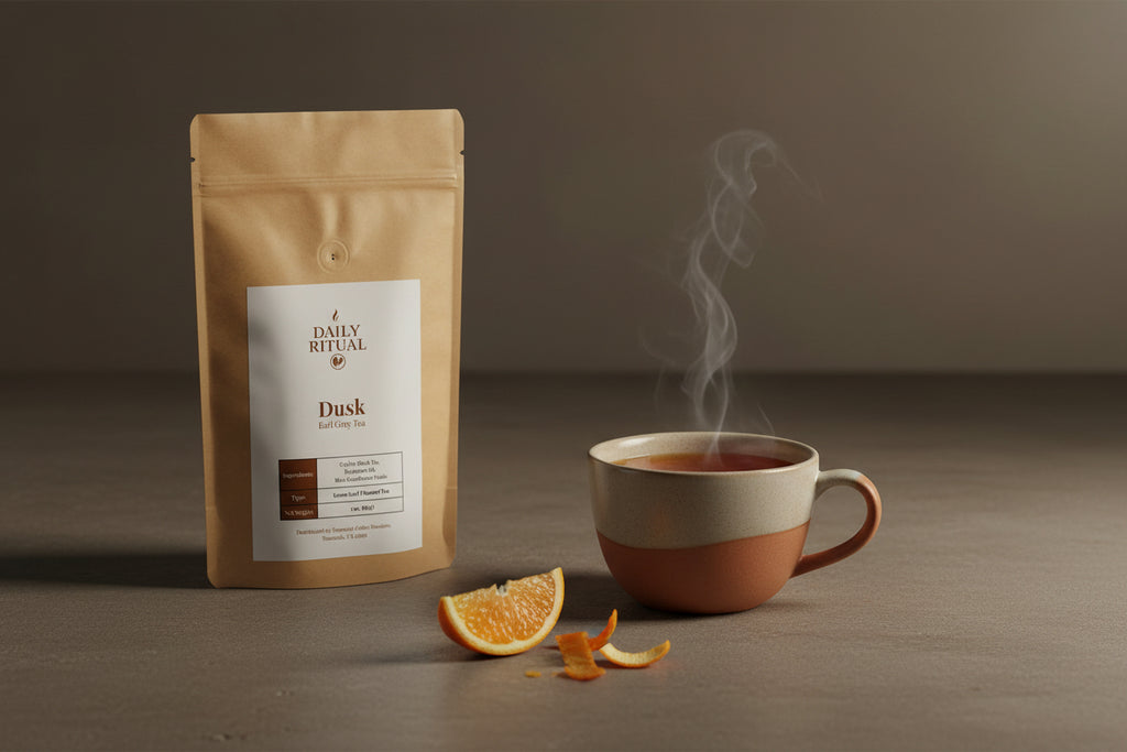 Kraft paper tea bag with a label on a white background