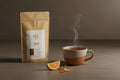 Kraft paper tea bag with a label on a white background