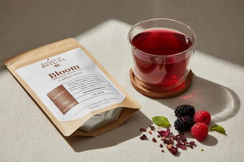 Tea package labeled 'Daily Ritual Bloom Hibiscus Berry Tea' with ingredients.